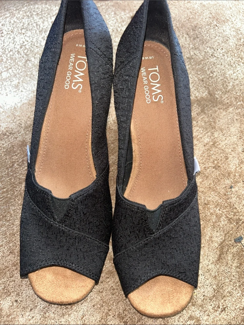 #41. TOMS Black Cork Peep-Toe Wedge Heels